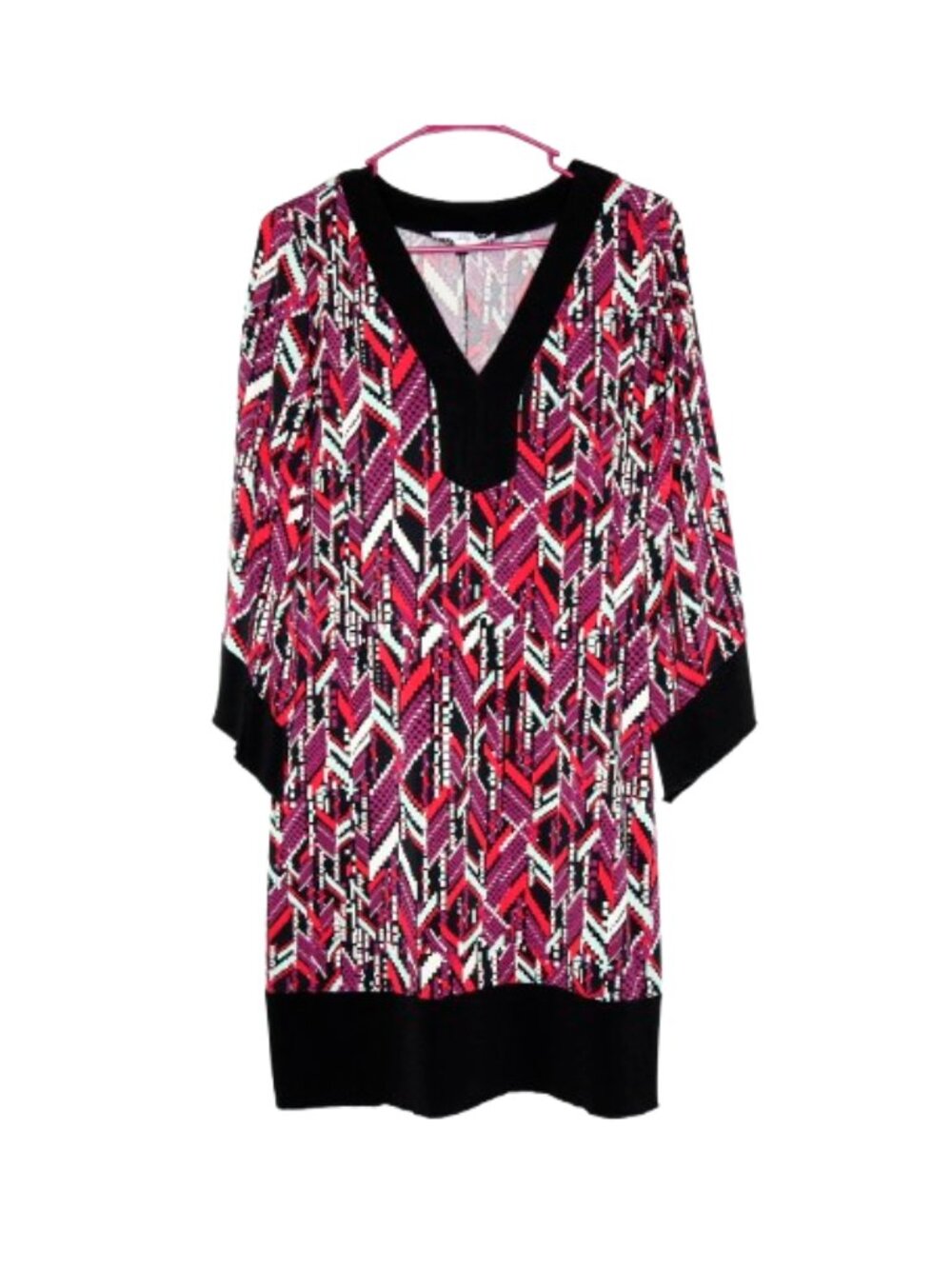 Lily Maroon & Black Graphic Print 3/4 Sleeve V-Neck Knee Length Sheath Dress - S